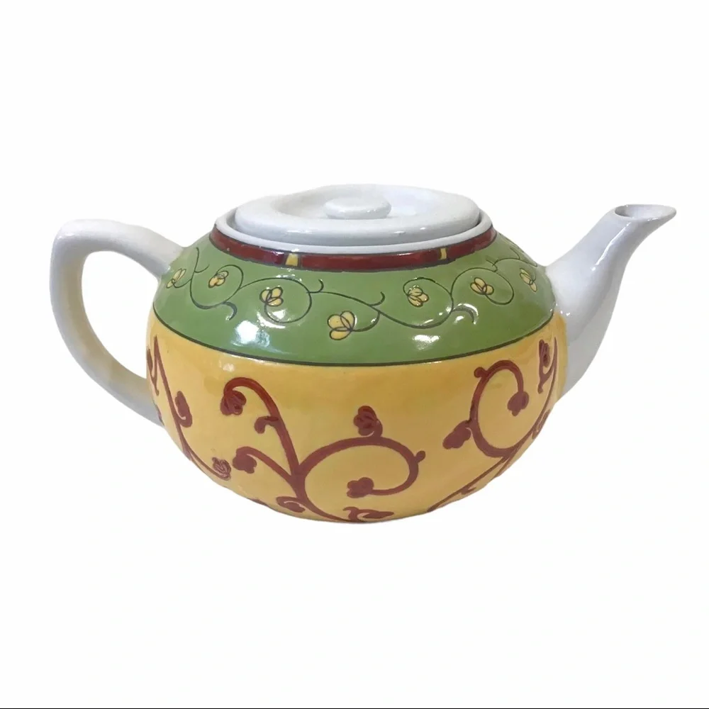 Vintage Pier 1 Porcelain Teapot Hand-Painted Floral Vine Design Green Yellow Red